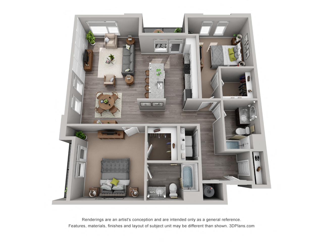 Floor plan for 2 beds, 2 baths, 1345 sqft